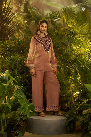 Rose Gold Fendi Co Ord Set With Velvet Patch And Sequins Detailing