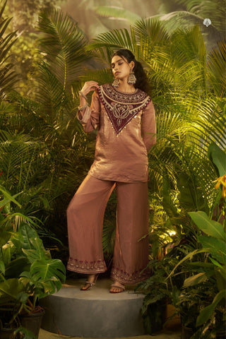 Rose Gold Fendi Co Ord Set With Velvet Patch And Sequins Detailing