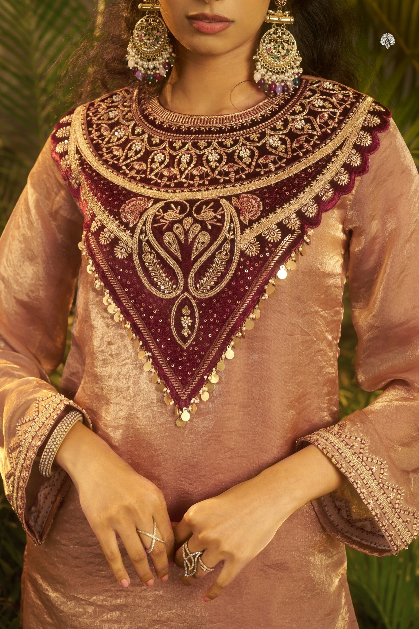 Rose Gold Fendi Co Ord Set With Velvet Patch And Sequins Detailing