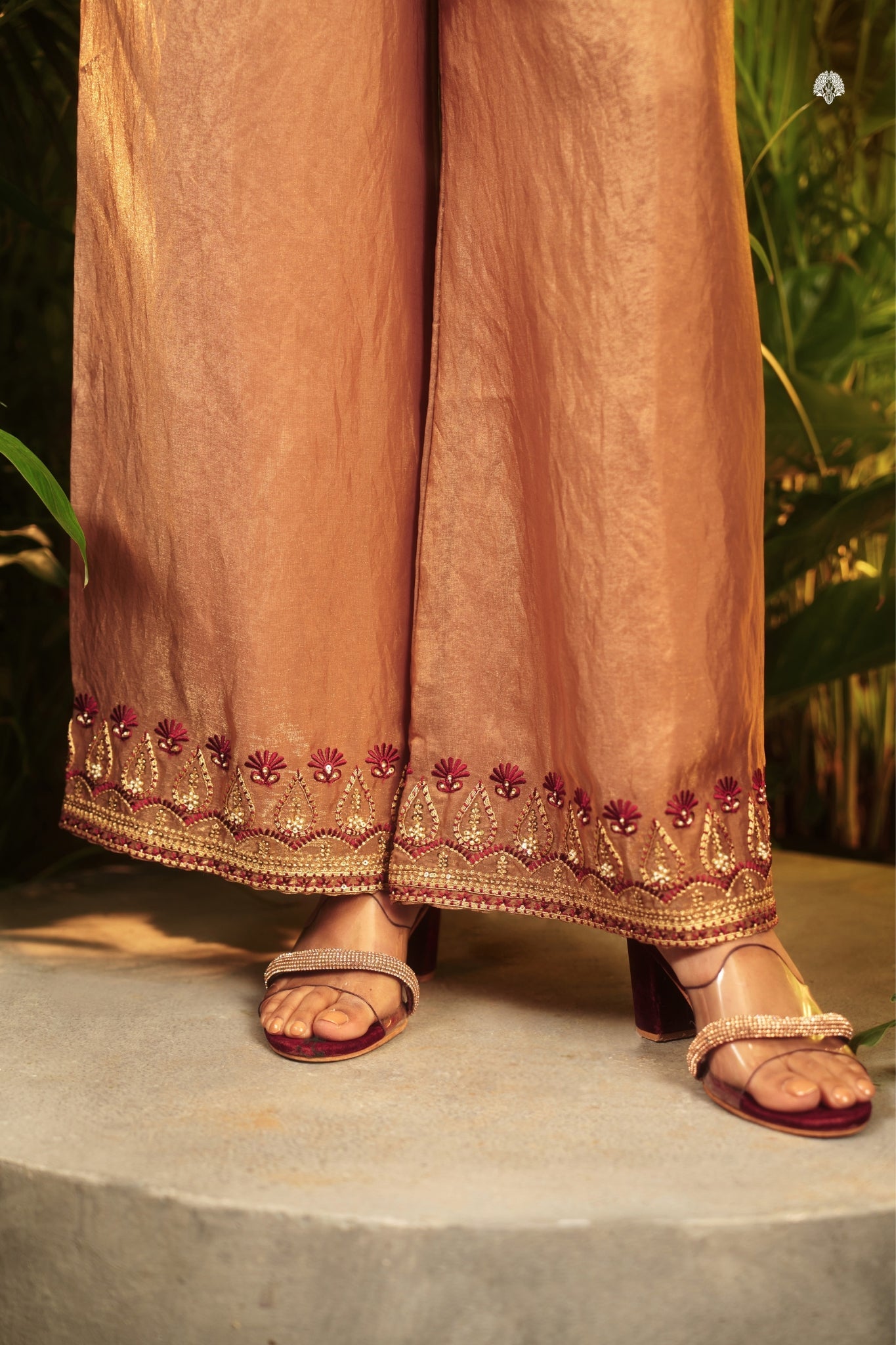 Rose Gold Fendi Co Ord Set With Velvet Patch And Sequins Detailing