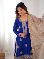 Luxury Royal Blue Chinon Silk Sharara Set for Festive Celebrations
