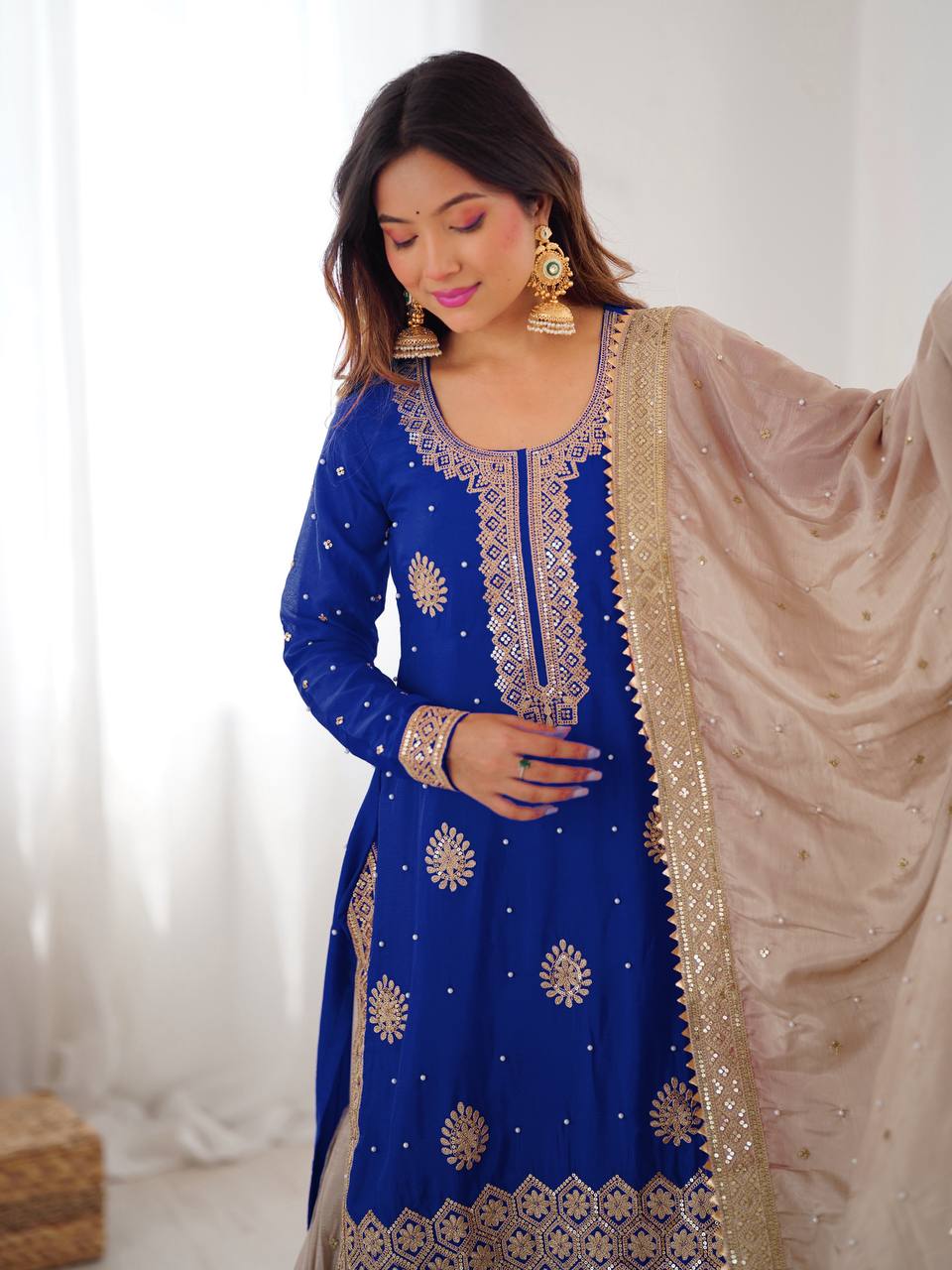 Luxury Royal Blue Chinon Silk Sharara Set for Festive Celebrations
