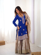 Luxury Royal Blue Chinon Silk Sharara Set for Festive Celebrations
