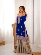 Luxury Royal Blue Chinon Silk Sharara Set for Festive Celebrations
