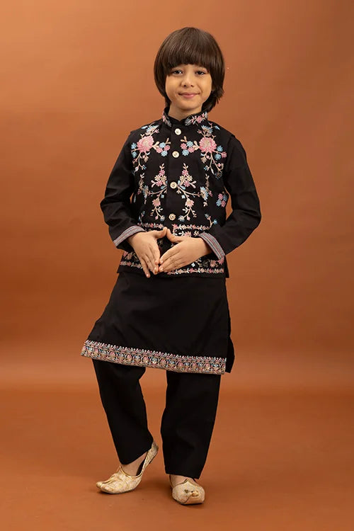 Royal Black Color Koti Kurta Pajama for Little Boys