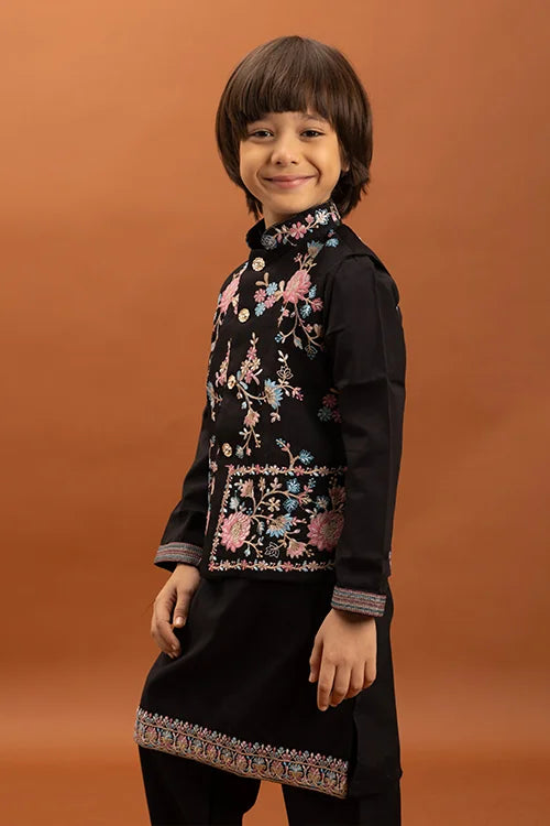 Royal Black Color Koti Kurta Pajama for Little Boys