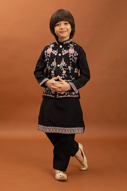 Royal Black Color Koti Kurta Pajama for Little Boys