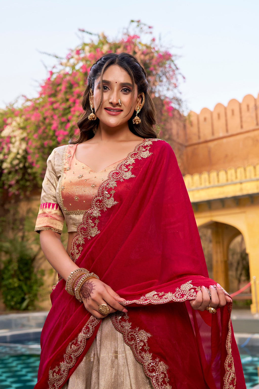 Royal Cream Slub Kota Heavy Flair Lehenga Choli with Designer Dupatta
