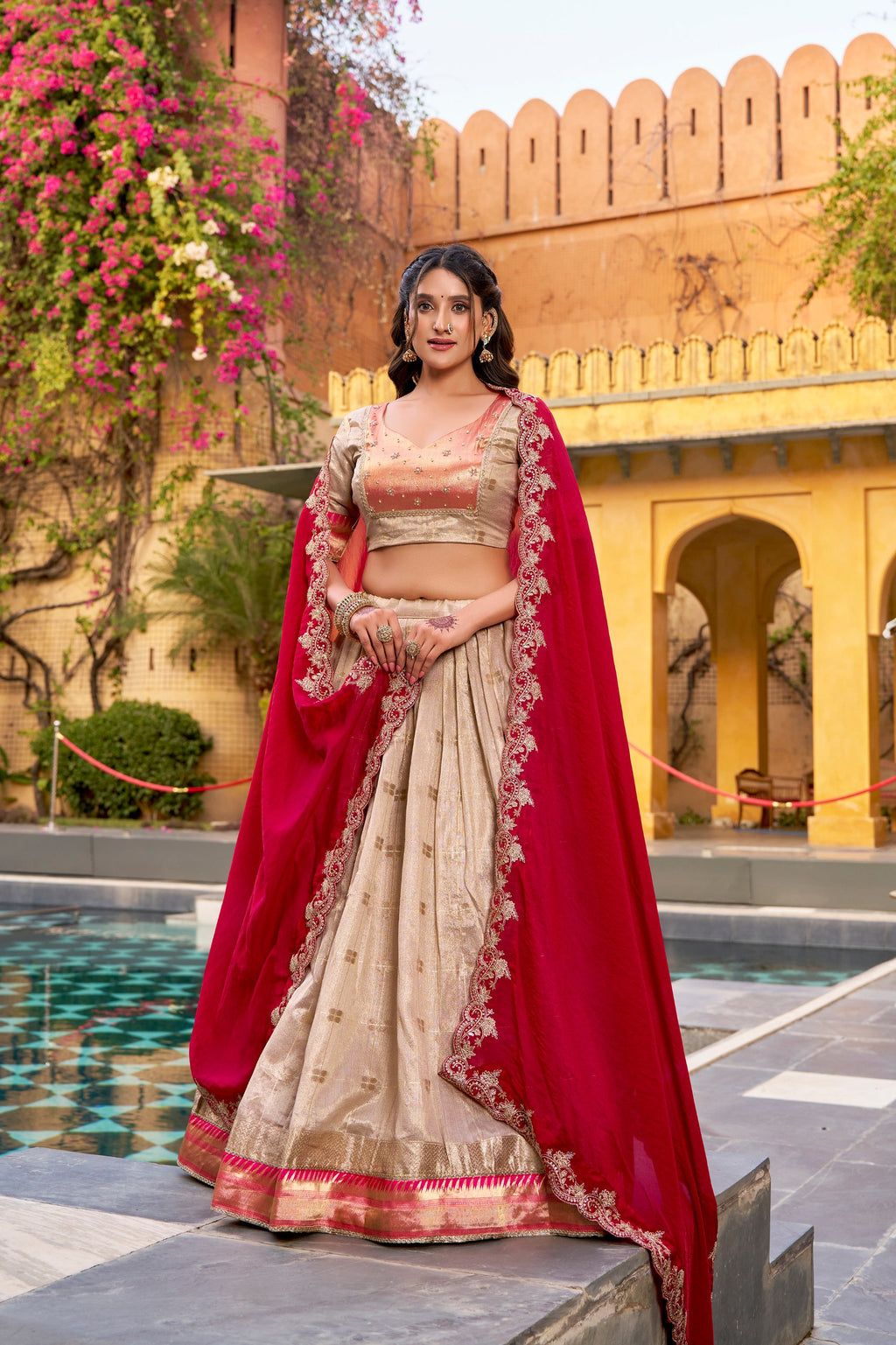 Royal Cream Slub Kota Heavy Flair Lehenga Choli with Designer Dupatta
