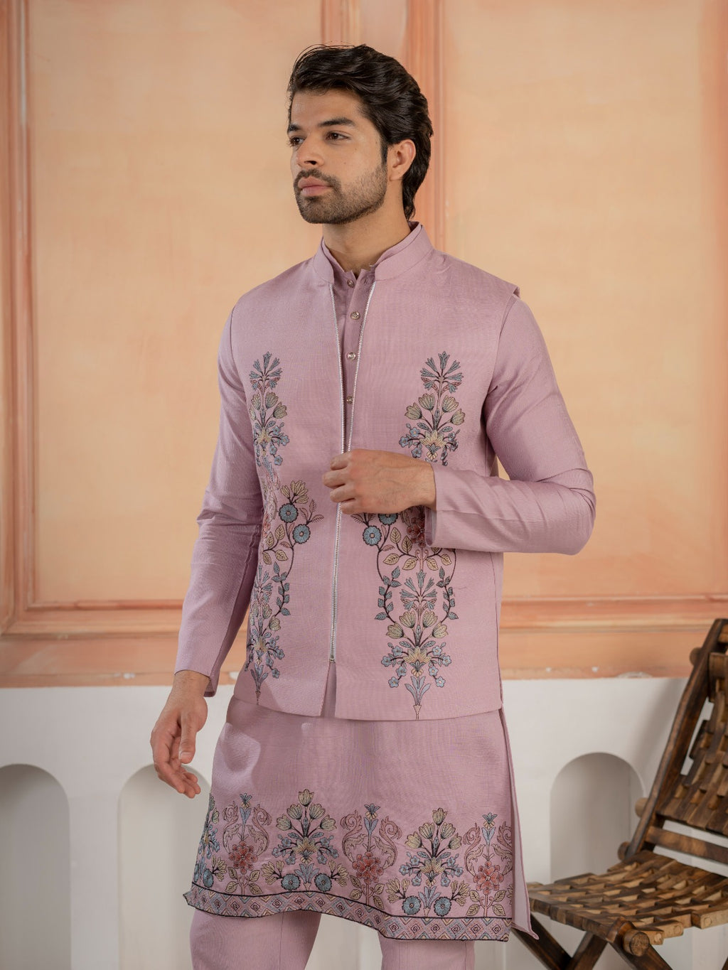 Royal Lavender Thread & Embroidered Koti Kurta Set for Mens
