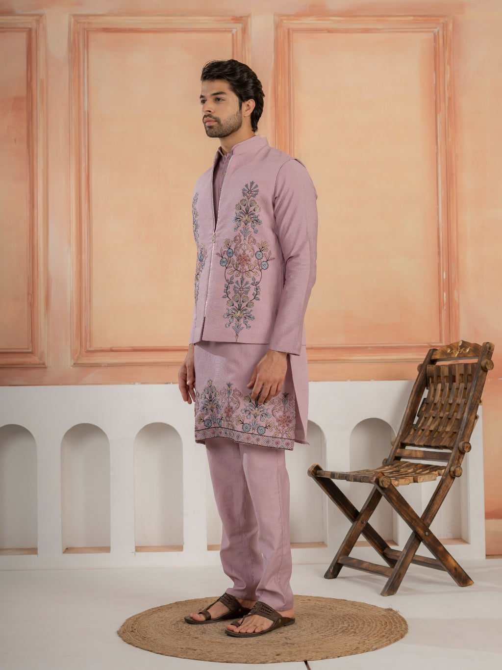 Royal Lavender Thread & Embroidered Koti Kurta Set for Mens
