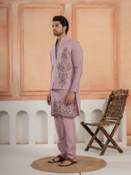 Royal Lavender Thread & Embroidered Koti Kurta Set for Mens
