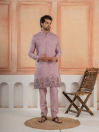 Royal Lavender Thread & Embroidered Koti Kurta Set for Mens
