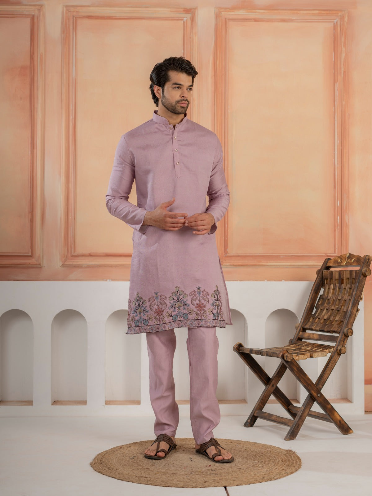 Royal Lavender Thread & Embroidered Koti Kurta Set for Mens
