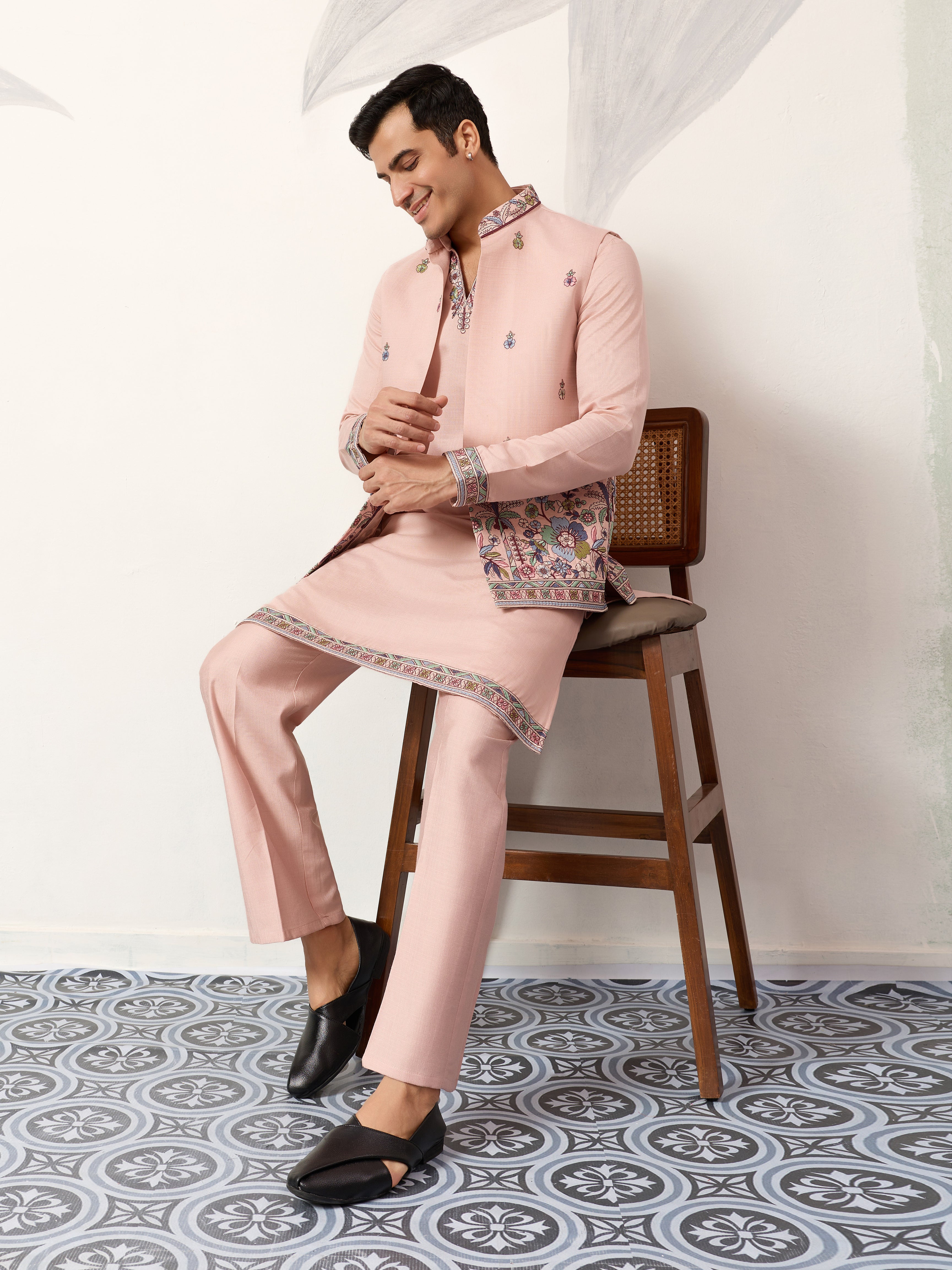 Royal Groom Ceremony Peach Koti Kurta Pair Mens Wear