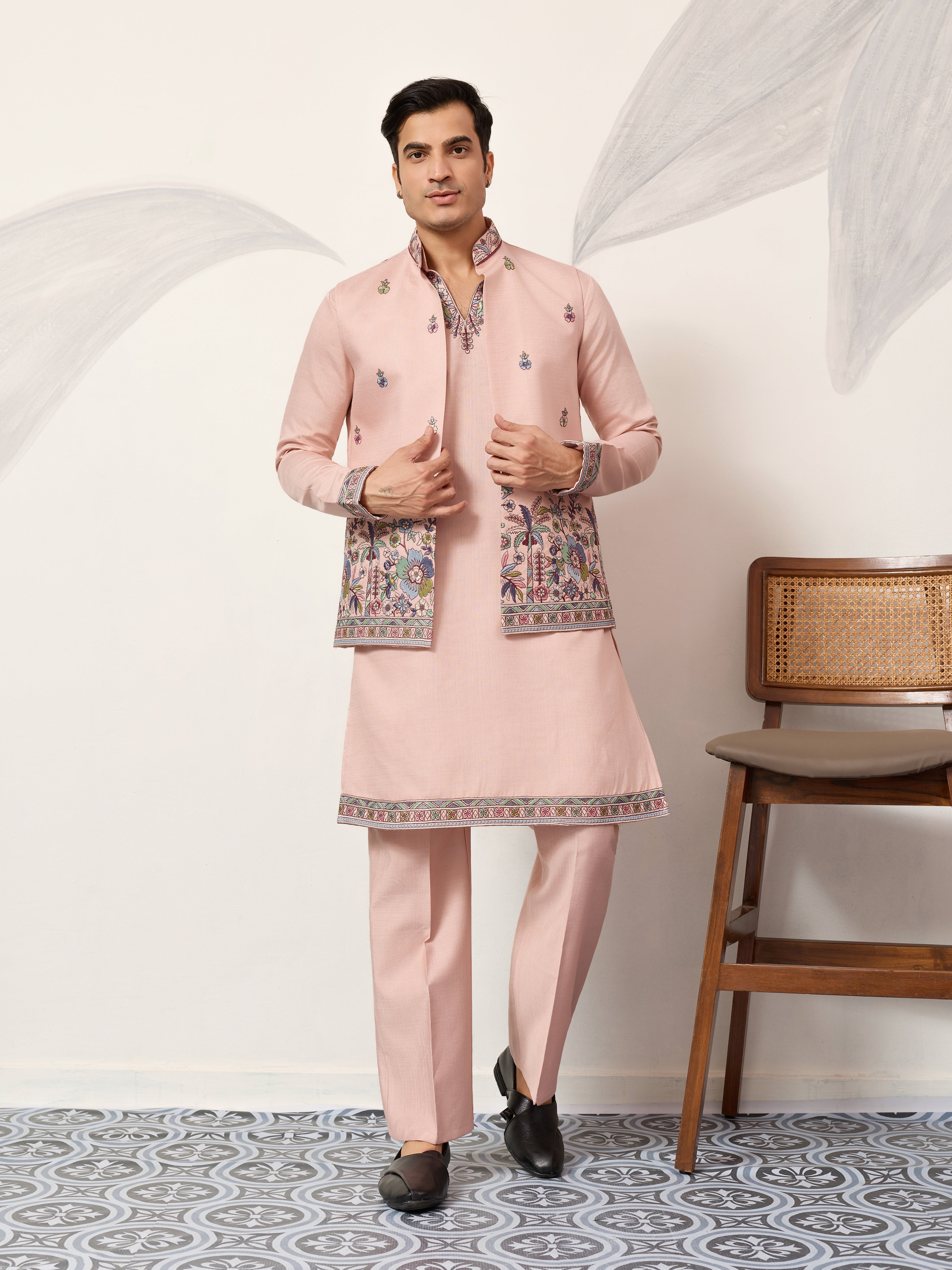 Royal Groom Ceremony Peach Koti Kurta Pair Mens Wear
