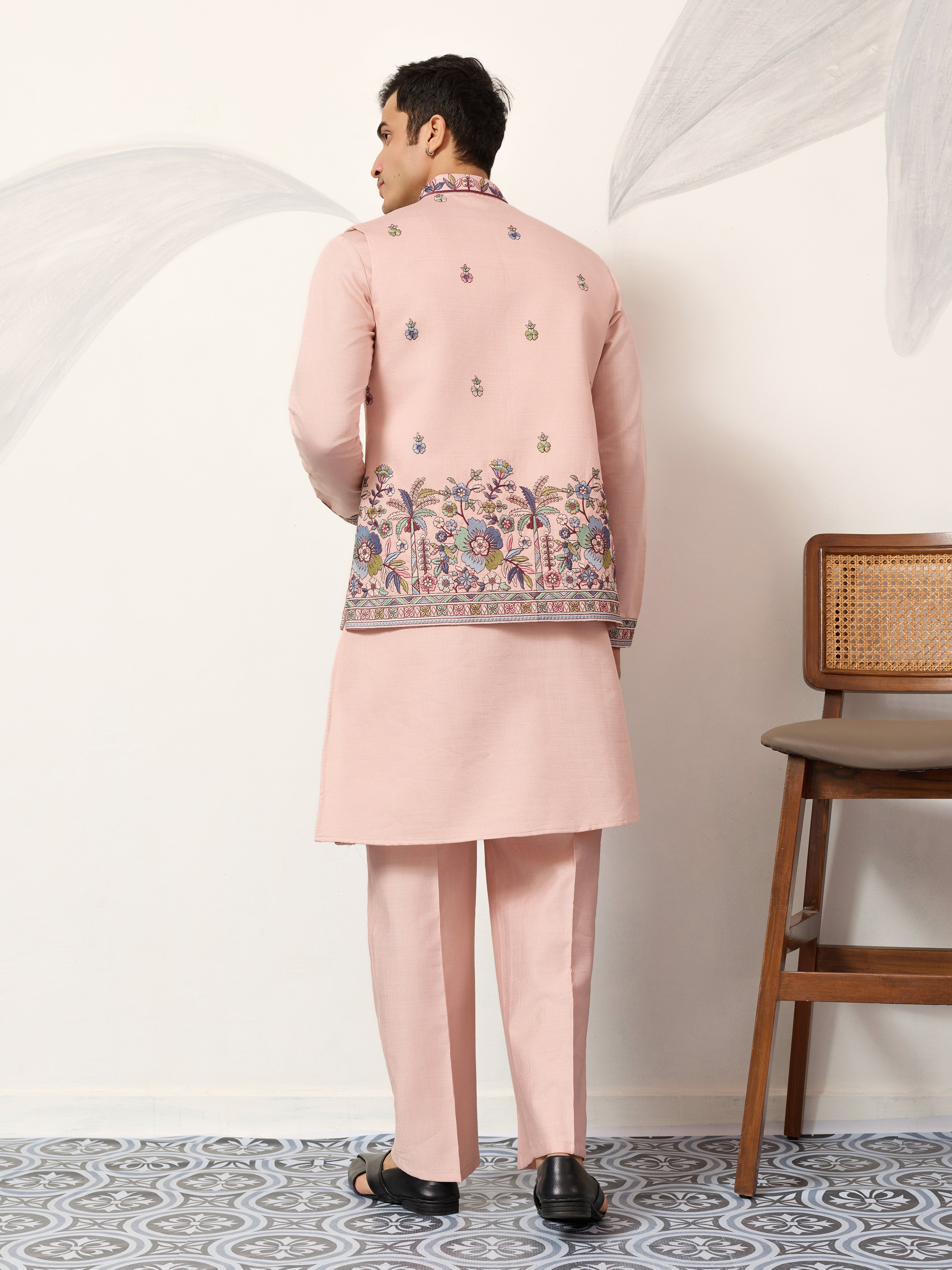 Royal Groom Ceremony Peach Koti Kurta Pair Mens Wear
