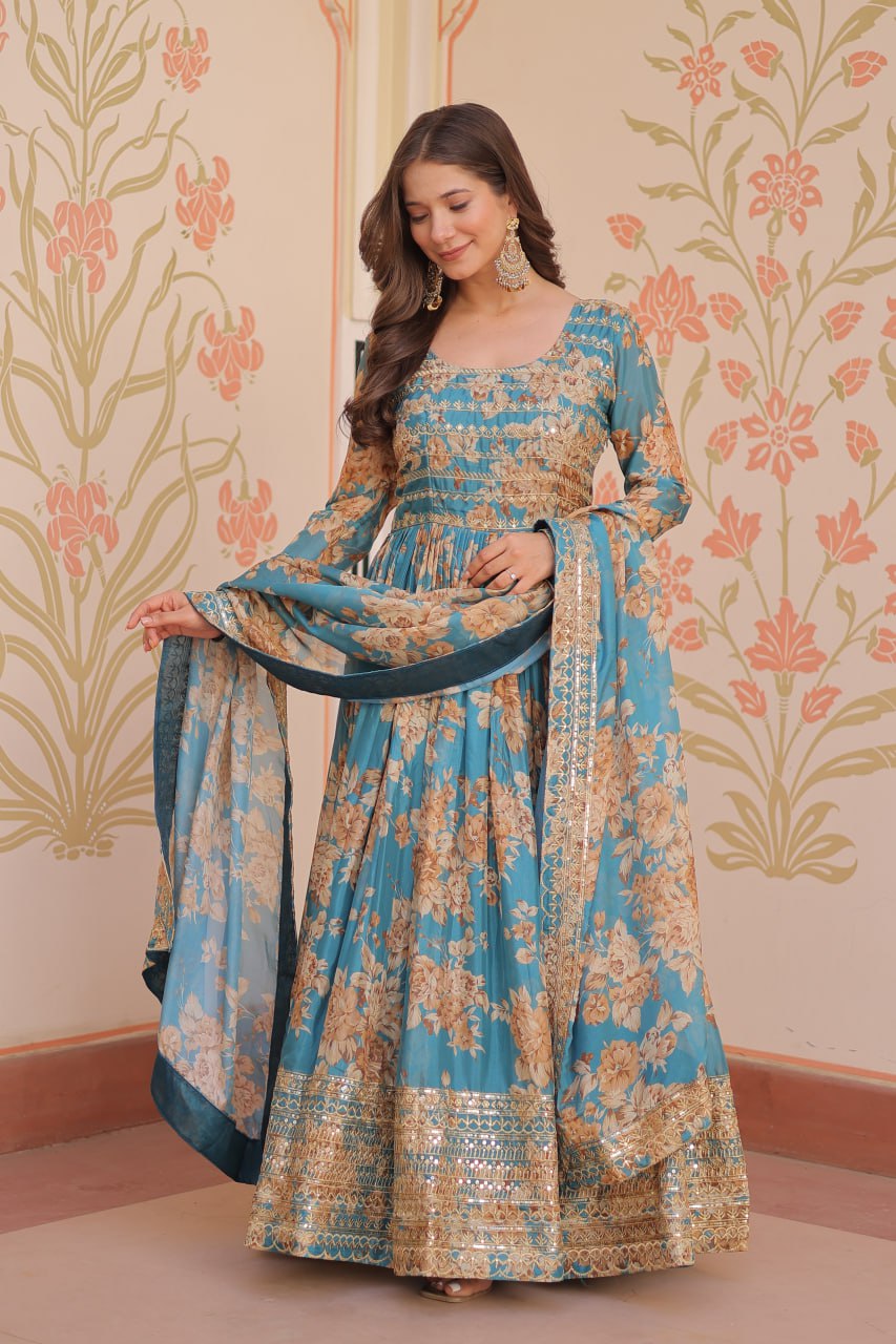 Fancy Russian Silk Rich Digital Print With Embroidered Sequins Work Gown