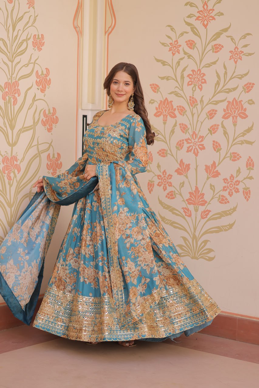 Fancy Russian Silk Rich Digital Print With Embroidered Sequins Work Gown