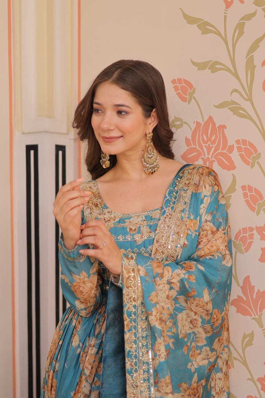 Fancy Russian Silk Rich Digital Print With Embroidered Sequins Work Gown