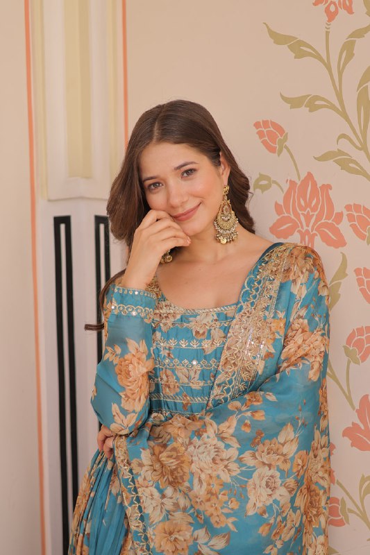 
Fancy Russian Silk Rich Digital Print With Embroidered Sequins Work Gown