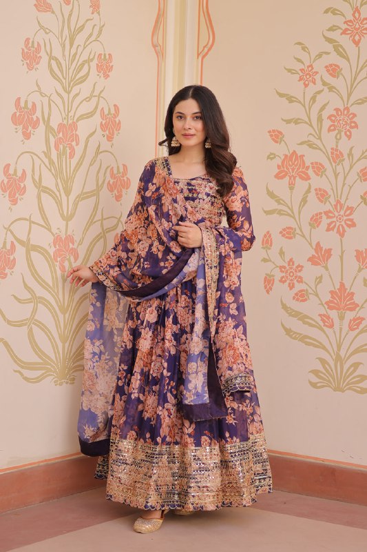 Fancy Russian Silk Rich Digital Print With Embroidered Sequins Work Gown
