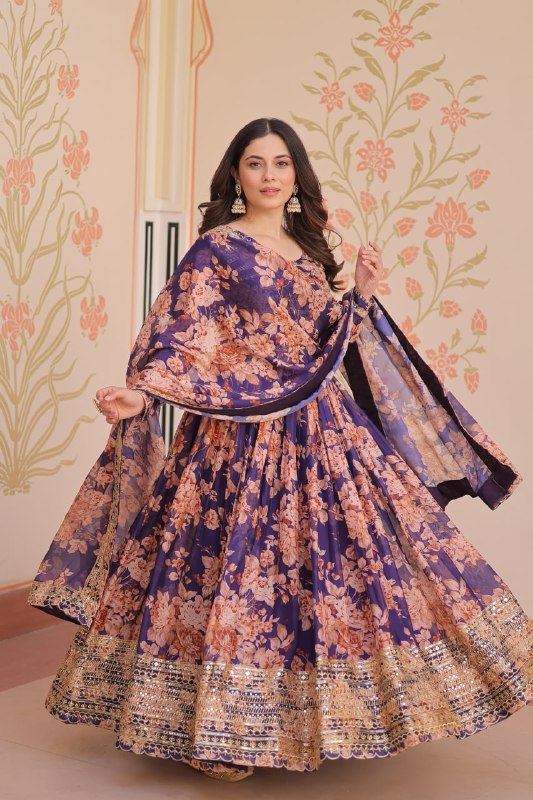 Fancy Russian Silk Rich Digital Print With Embroidered Sequins Work Gown