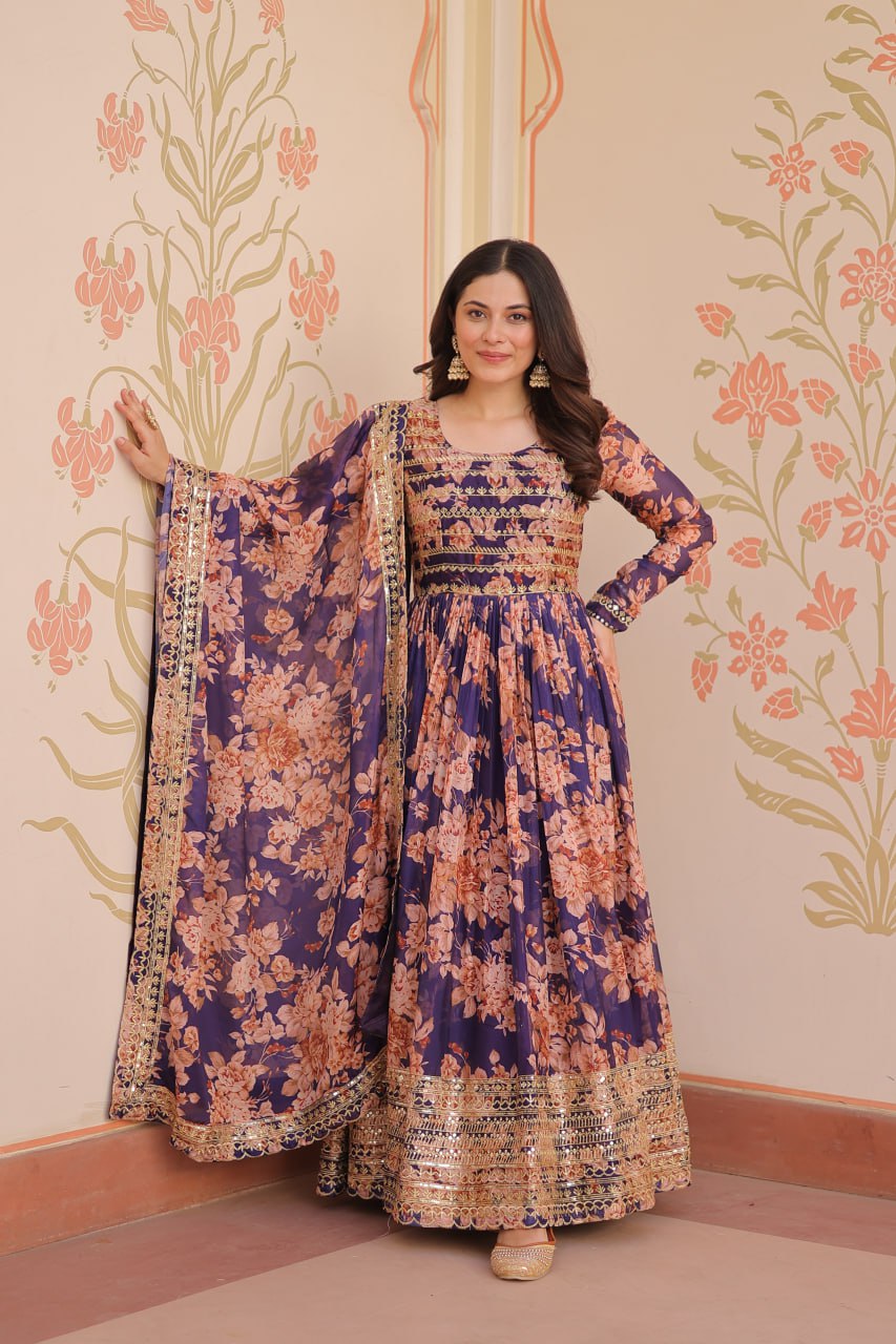 Fancy Russian Silk Rich Digital Print With Embroidered Sequins Work Gown