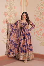 Fancy Russian Silk Rich Digital Print With Embroidered Sequins Work Gown