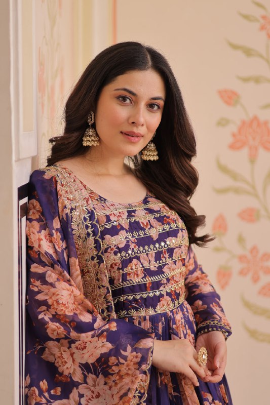 Fancy Russian Silk Rich Digital Print With Embroidered Sequins Work Gown