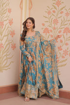 Fancy Russian Silk Rich Digital Print With Embroidered Sequins Work Gown