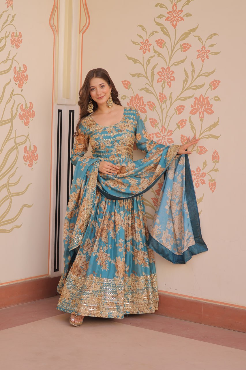 Fancy Russian Silk Rich Digital Print With Embroidered Sequins Work Gown