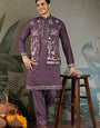 Rust Purple Open Koti Style Kurta Pajama Set for Men