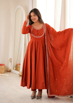 Elegant Rust Orange Roman Chanderi Silk Jari Work Anarkali Suit
