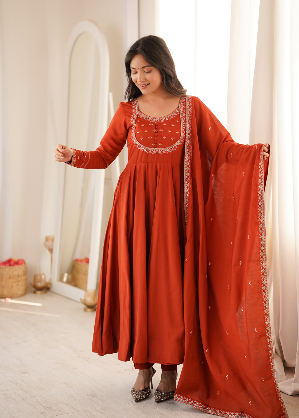 Elegant Rust Orange Roman Chanderi Silk Jari Work Anarkali Suit
