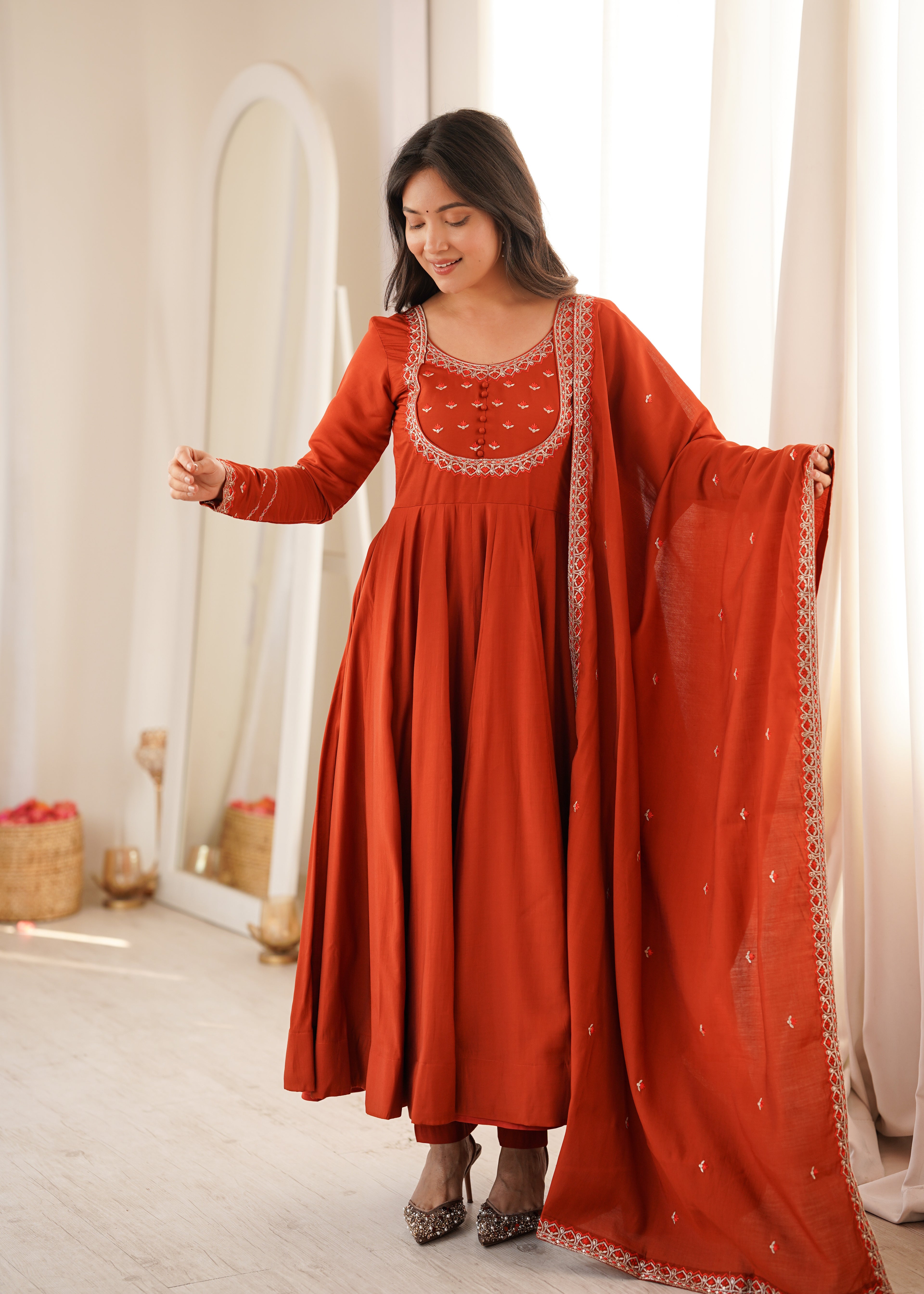 Elegant Rust Orange Roman Chanderi Silk Jari Work Anarkali Suit
