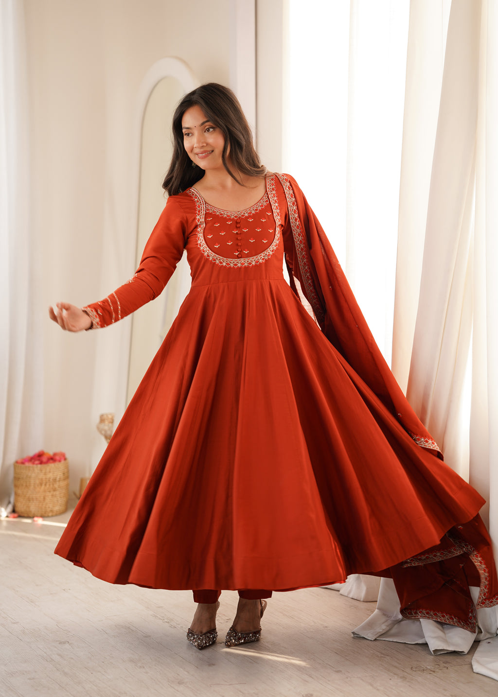 Elegant Rust Orange Roman Chanderi Silk Jari Work Anarkali Suit
