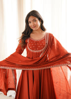 Elegant Rust Orange Roman Chanderi Silk Jari Work Anarkali Suit
