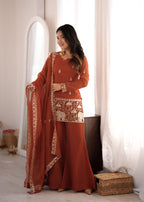Designer Rust Crunchy Silk Embroidered Sequence Work Suit Set
