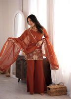 Designer Rust Crunchy Silk Embroidered Sequence Work Suit Set
