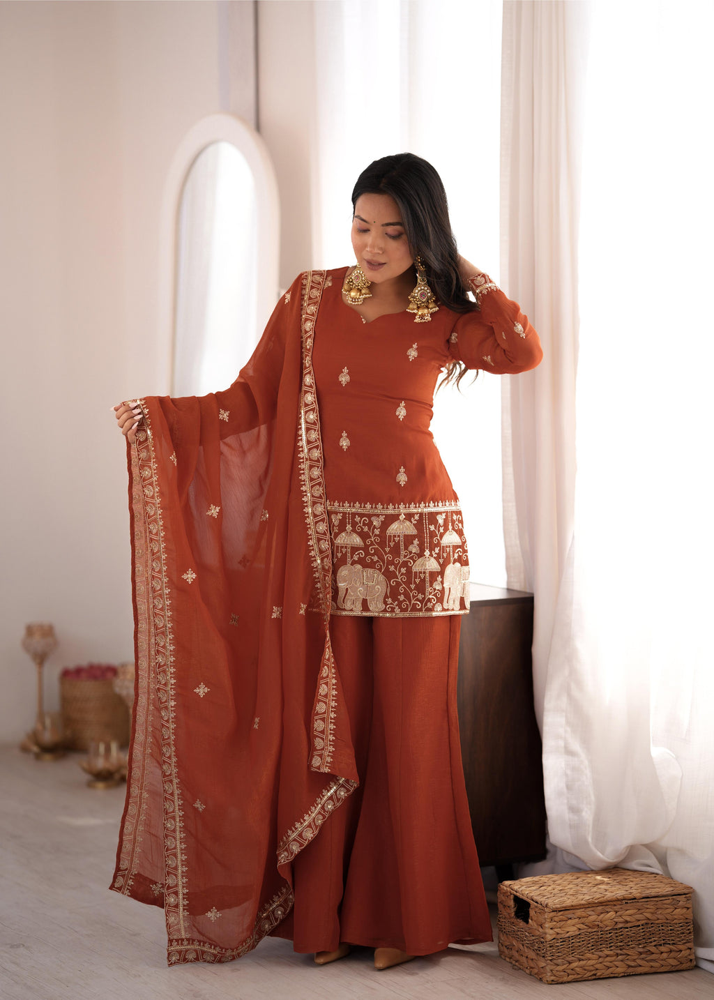 Designer Rust Crunchy Silk Embroidered Sequence Work Suit Set
