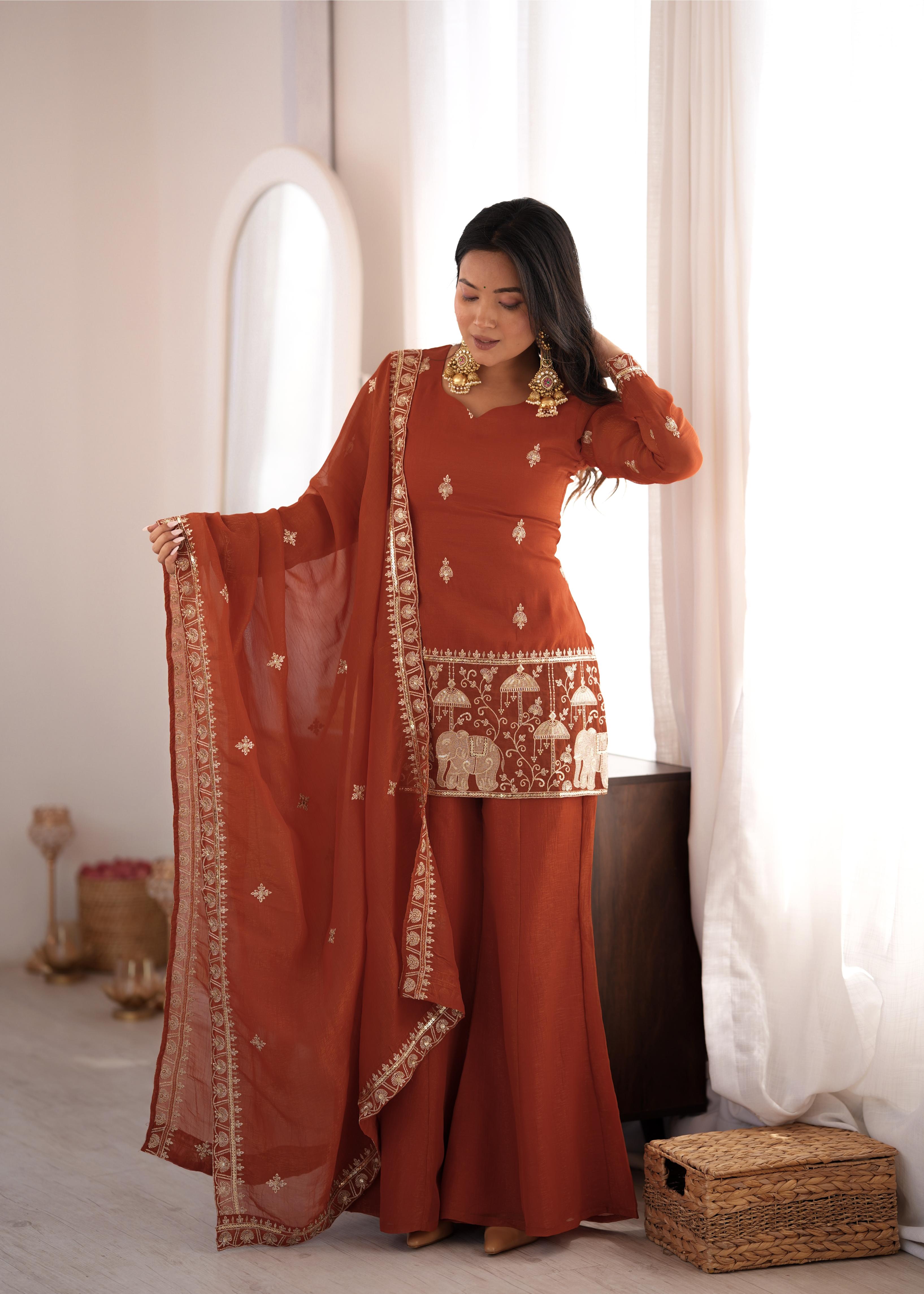 Designer Rust Crunchy Silk Embroidered Sequence Work Suit Set
