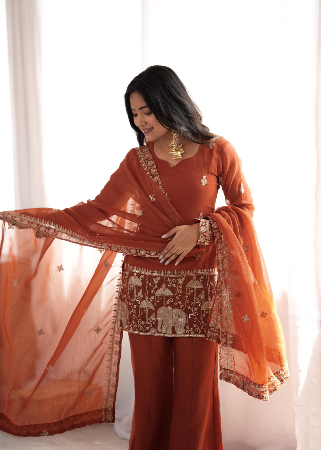 Designer Rust Crunchy Silk Embroidered Sequence Work Suit Set
