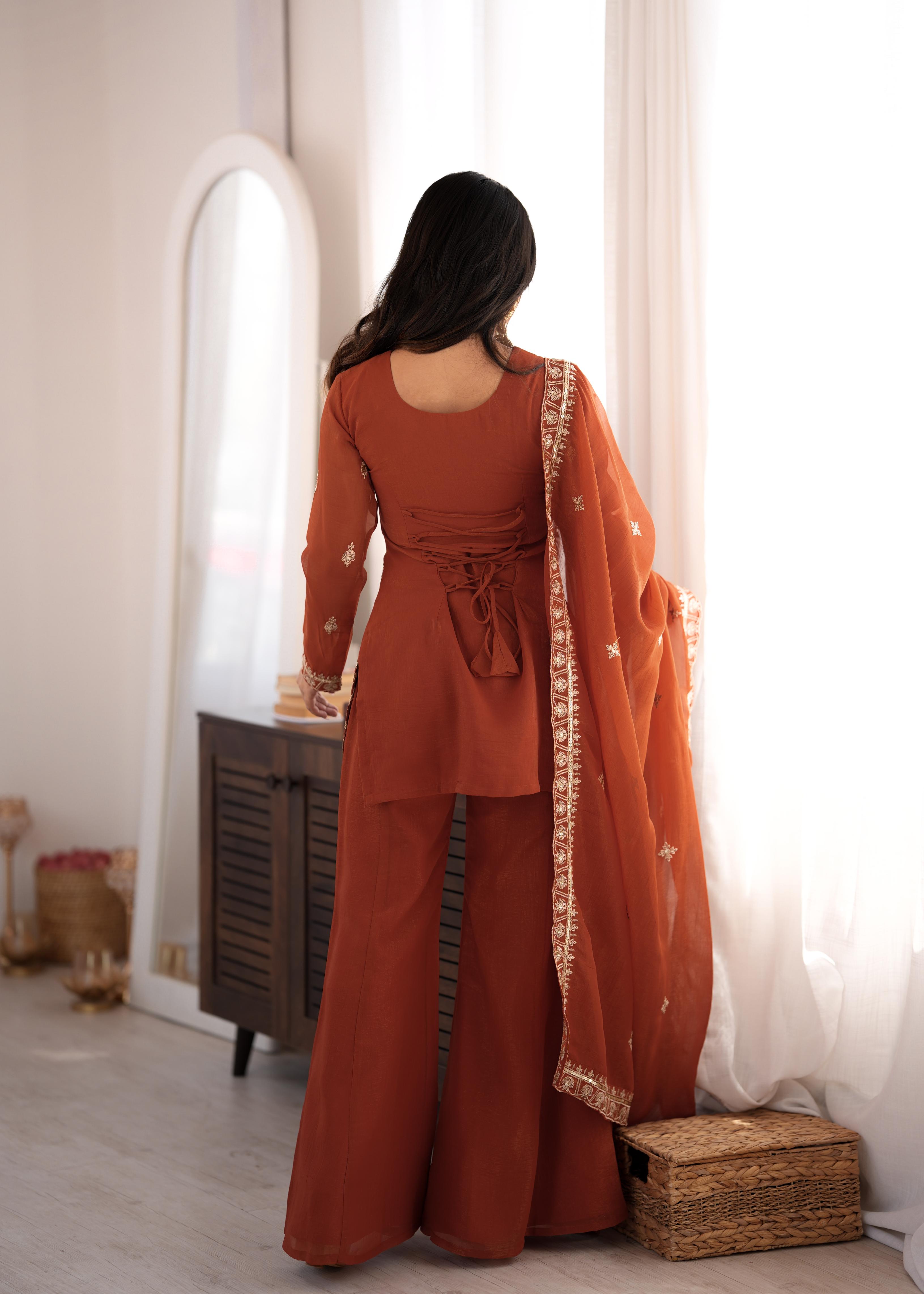 Designer Rust Crunchy Silk Embroidered Sequence Work Suit Set
