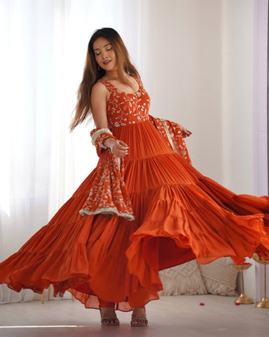 Orange Color Pure Soft Foux Georgette Anarkali Suit With Huge Flair Comes With Duppatta & Pant - RUST