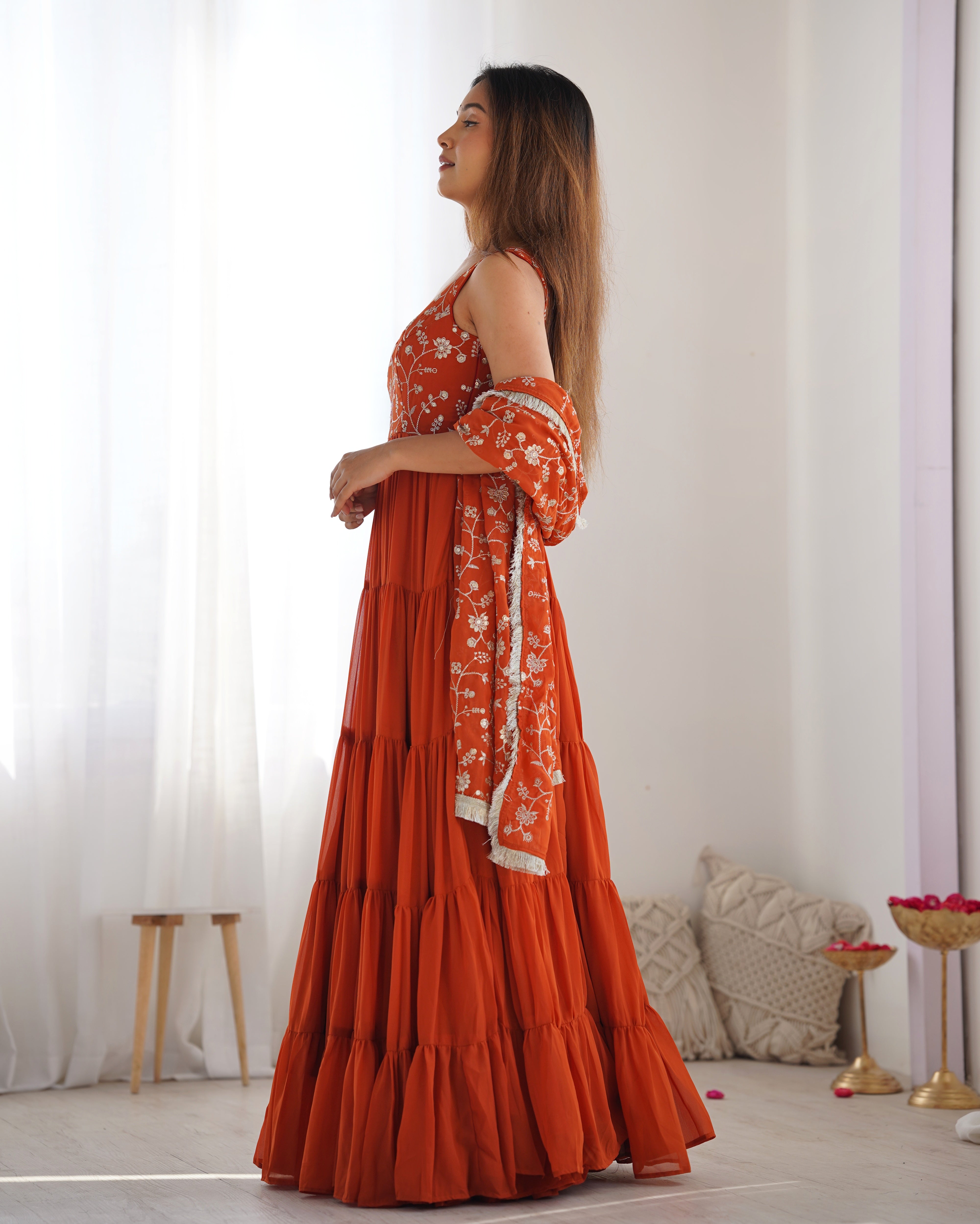 Orange Color Pure Soft Foux Georgette Anarkali Suit With Huge Flair Comes With Duppatta & Pant - RUST