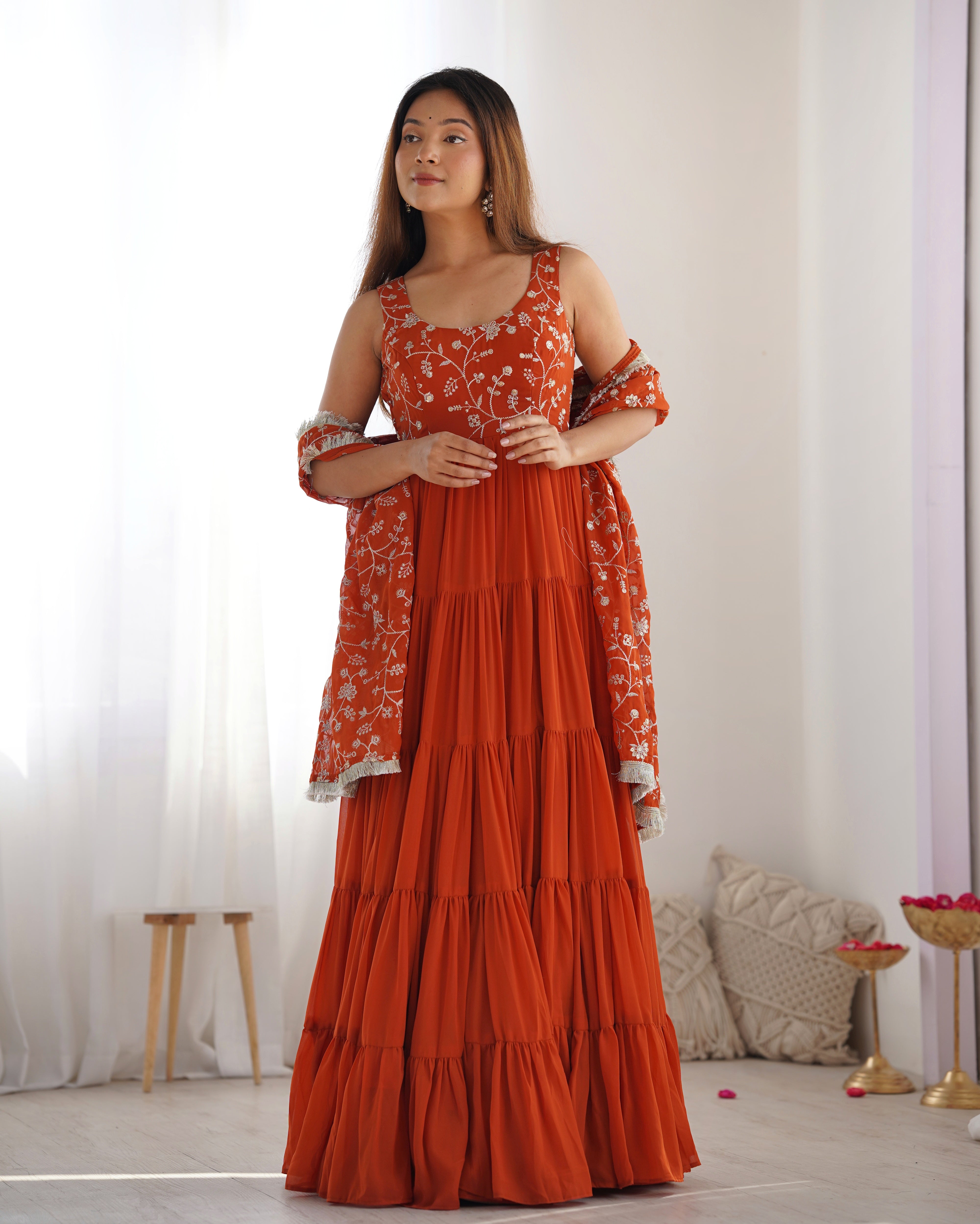 Orange Color Pure Soft Foux Georgette Anarkali Suit With Huge Flair Comes With Duppatta & Pant - RUST