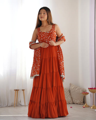 Orange Color Pure Soft Foux Georgette Anarkali Suit With Huge Flair Comes With Duppatta & Pant - RUST