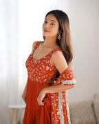 Orange Color Pure Soft Foux Georgette Anarkali Suit With Huge Flair Comes With Duppatta & Pant - RUST