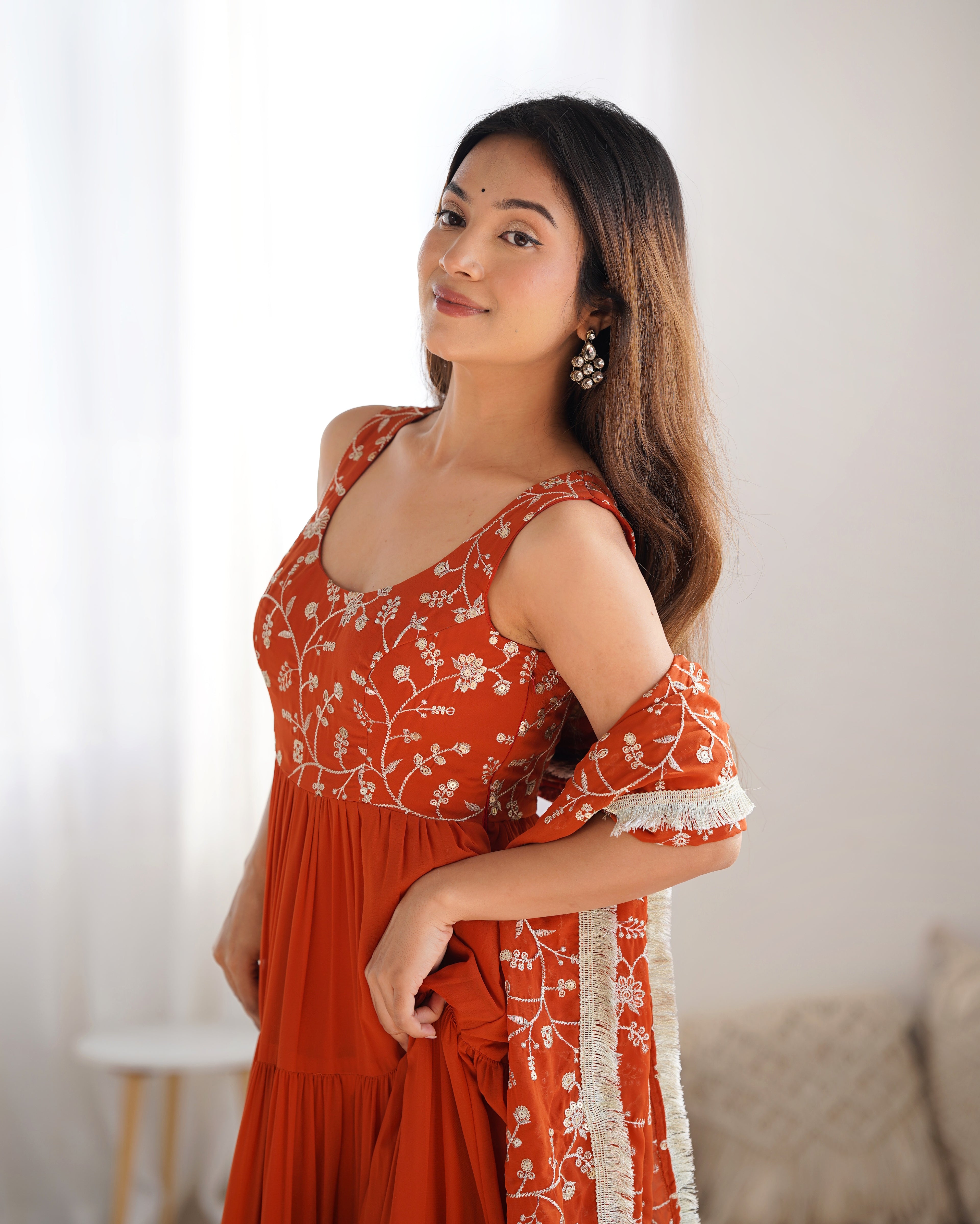Orange Color Pure Soft Foux Georgette Anarkali Suit With Huge Flair Comes With Duppatta & Pant - RUST